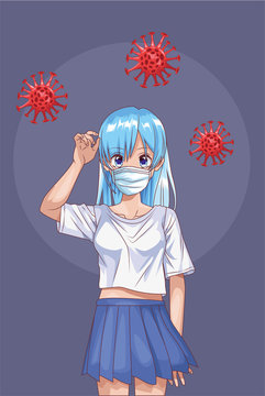 beautiful woman with face mask and covid19 particles anime style