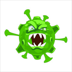 Flat Cartoon Covid-2019, Coronavirus Monster Character. Dangerous, Angry, Green Germ, Bacteria. Angry Virus with Sharp Teeth. Isolated Stock Vector Illustration.
