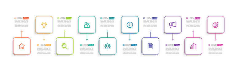 Minimal Business Infographics template. Timeline with 10 steps, options and marketing icons .Vector linear infographic with ten conected elements. Can be use for presentation.
