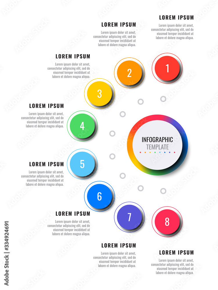 Aufkleber business infographic template with eight round realistic elements on a white background. modern vect