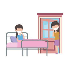 covid 19 coronavirus pandemic, sick woman in bed with medical mask