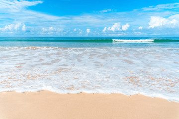 Beautiful tropical beach with blue sky and white clouds abstract texture background. Copy space of summer vacation and holiday business travel concept.