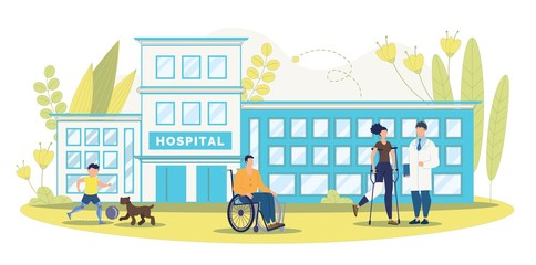 rehabilitation center or clinic for disabled or injured people trendy flat vector concept. paralyzed man in wheelchair, boy with leg prosthesis, woman on crunches hear hospital building illustration