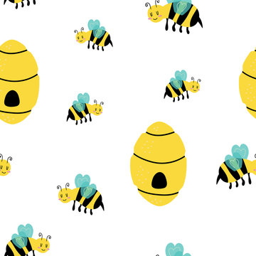 Seamless pattern with wasp, bee. Cute cartoon baby background. Wallpaper, print, packaging, paper, textile design. flat Vector illustration.