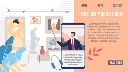 Museum Mobile Guide Application or Service Web Banner, Lading Page Template. Excursion Guide Telling, Pointing with Pointer on Museum Artworks from Smartphone Screen Trendy Flat Vector Illustration
