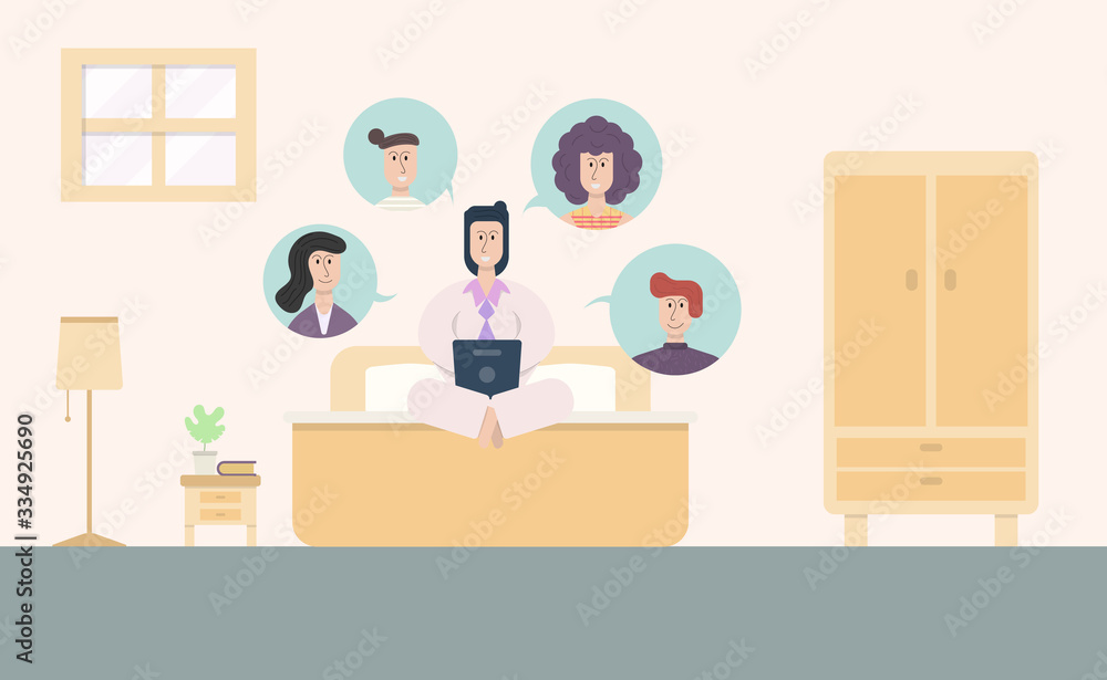 Poster concept video conference or working at home vector with flat characters talking to each other by onl