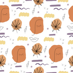 Continuous line, drawing of woman face, flat concept,  with geometric doodle Abstract elements pastel colors. One line continuous drawing. vector illustration