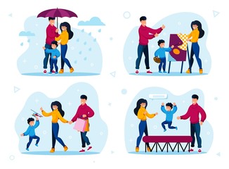 Naklejka premium Family Outdoor Recreation and Hobby Activities Trendy Flat Vector Concepts Set. Parents with Child Walking in Rain, Visiting Drawing Lessons, Jumping on Trampoline, Shopping on Sale Illustrations