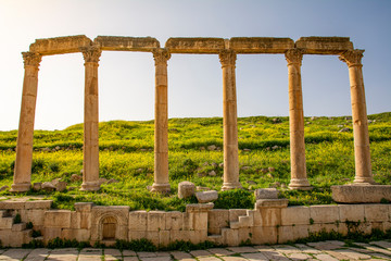 Naklejka premium Pillars of the Colonnaded Street at the Roman historical site of Gerasa, Jerash, Jordan