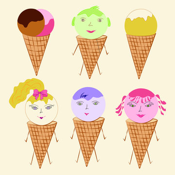 Funny ice cream figures. Cartoon characters. Ice cream of different tastes. Vector illustration.