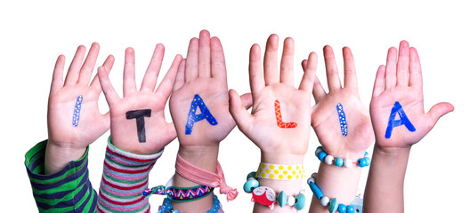 Children Hands Building Colorful Italian Word Italia Means Italy. White Isolated Background