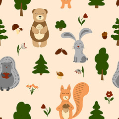 Obraz premium Seamless pattern of cute forest animals. Flat style vector illustration for textile printing, wrapping etc. Kids' illustration - hedgehog, squirrel, bear, rabbit