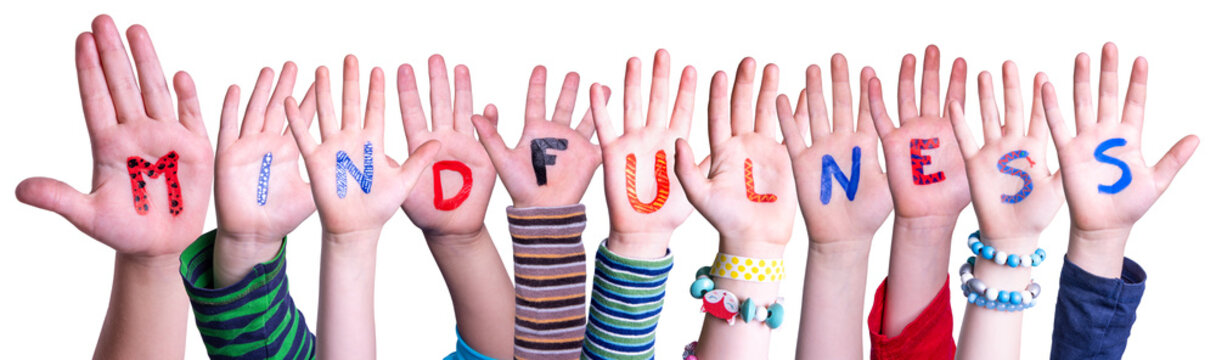 Children Hands Building Colorful English Word Mindfulness. White Isolated Background
