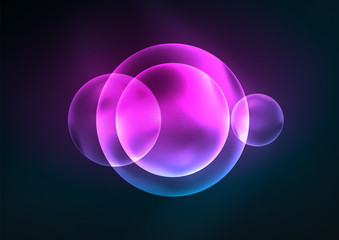 Glowing neon shiny transparent bubbles, glass circles or bio cell concept. Techno futuristic vector abstract background For Wallpaper, Banner, Background, Card, Book Illustration, landing page