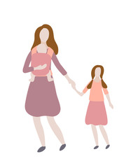 Mother with children isolated vector illustration. Mom holding daughter by the hand and the newborn is in baby carrier