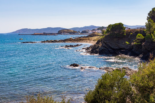 View of the Llansa port in the background from the Aguilera bunker, the coastal road from Llansa to Colera. Costa Brava, Catalonia, Spain