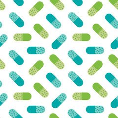 Colorful pills, supplements, medications vector seamless pattern background.