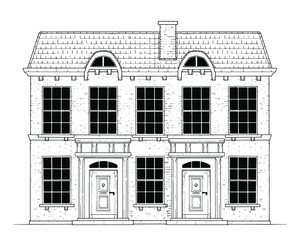 Drawing of classic terrace house - black and white illustration