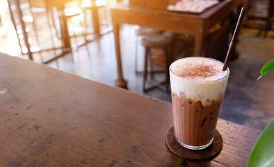 Cocoa milk placed on the table in the cafe