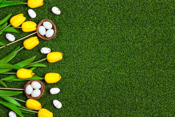 Border of decorative Easter eggs and yellow tulips on a green grass background.