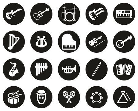 Musical Instruments Icons White On Black Flat Design Circle Set Big