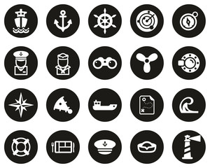 Nautical Vessel & Equipment Icons White On Black Flat Design Circle Set Big