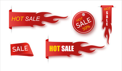 Flat linear promotion fire banner, price tag, hot sale, offer, price. Vector illustration set