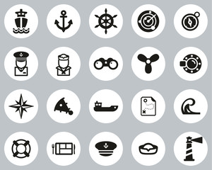 Nautical Vessel & Equipment Icons Black & White Flat Design Circle Set Big