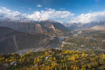 Autumn season in Hunza valley, beautiful village surrounded by Karakoram mountain in northern Pakistan