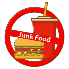 Stop junk fast food  hamburger and soda.Danger label greasy food.Line art flat illustration vector.