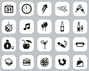 New Years Eve Or New Years Party Icons Black & White Flat Design Set Big