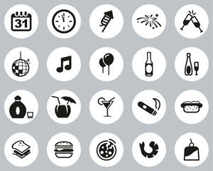 New Years Eve Or New Years Party Icons Black & White Flat Design Circle Set Big