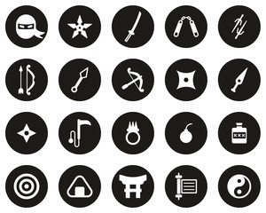 Ninja & Ninja Equipment Icons White On Black Flat Design Circle Set Big