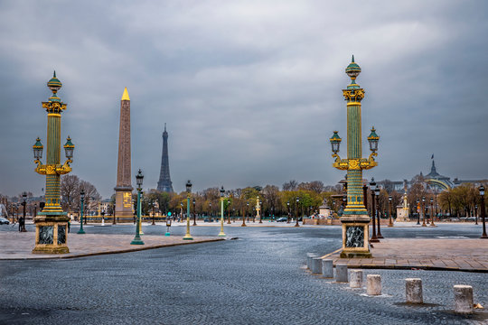 Paris, France - March 17, 2020: 1st day of containment because of Covid-19 pandemic at Place de la Concorde, near Champs Elysees in Paris