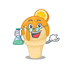 Orange ice cream smart Professor Cartoon design style working with glass tube