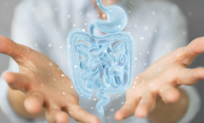 Woman using digital x-ray of human intestine holographic scan projection 3D rendering - obrazy, fototapety, plakaty