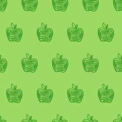 Green apple seamless pattern on light green background. Hand drawn abstract apples fruit in cute doodle style. Kitchen and food design.