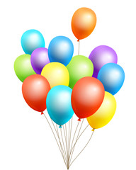 The bundle of flight up 3D rainbow color helium balloons on a white background. Realistic colorful design elements in red, orange, yellow, green, blue, purple. Vector Illustration.