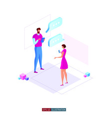 Trendy flat illustration. People are messaging. Office workers planing business mechanism, analyze business strategy and exchange ideas. Template for your design works. Vector graphics.