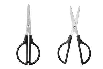 Two silver metal open and closed scissors with black plastic handles on white background isolated close up, steel cutting tool for paper, fabric clippers, haircut shears, tailor pair of scissors