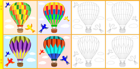 Balloon and birds in the sky. Vector illustration for antistress coloring book for children and adults. Page with black and white contour variant and with color drawing
