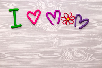 Mothers Day greeting card with plasticine text template. Fun kids handmade craft present for mom. For poster, gift card.