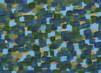 Abstract texture, background, hand-painted, gouache, watercolor, brush strokes, blurry spots. Blue, turquoise, green, golden brush strokes. Close up picture.