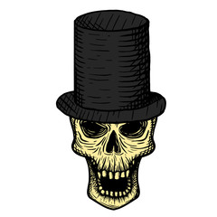 Hand drawn skull of a dead man in a black top hat, on a white background. Vector illustration