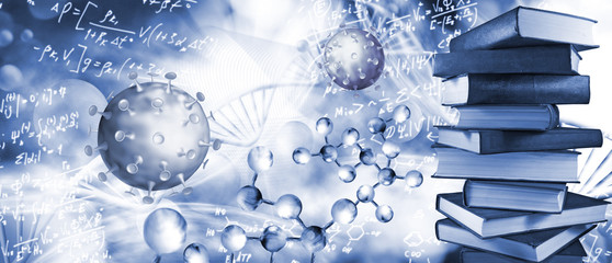 Abstract image of coronaviruses on the background of a stylized image of the DNA chain.