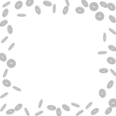 Chinese yuan coins falling. Scattered black and wh