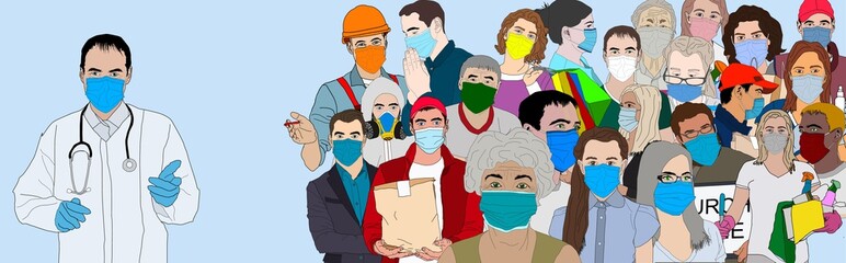 Group of people wearing medical masks to prevent disease, flu, air pollution, epidemic, covid-19, coronavirus. illustration in a flat style