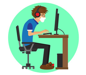 A man in a medical mask works on a computer. Quarantine. Vector illustration.