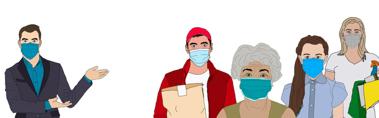 Group of people wearing medical masks to prevent disease, flu, air pollution, epidemic, covid-19, coronavirus. illustration in a flat style