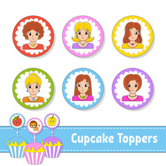 Cupcake Toppers. Set of six round pictures. Lovely smiling girls. Cartoon characters. Cute image. For birhday, party, baby shower.